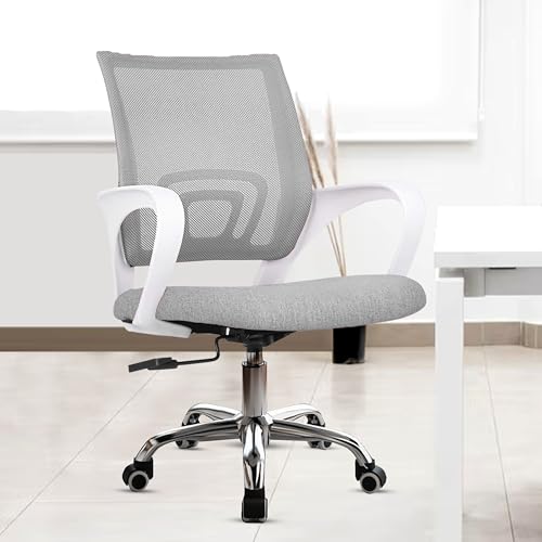 Image of Casa Copenhagen Mesh Mid Back Office /Study /Computer /Revolving /Desk Chair for Work from Home -Metal Base, Height Adjustable Seat - Stone Grey & White Handle