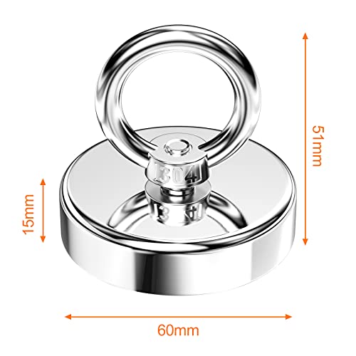 Relota Neodym Ösenmagnet 130 Kg Haftkraft, Durchmesser 60 mm Super Stark Neodymium Magnet Haken, Magnethaken Zum Magnetfischen, Multifunktions Senkkopf Topfmagnet mit Öse, Suchmagnet Bergemagnet