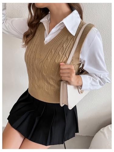 Image of Milumia Women's Cable Knit V Neck Sweater Vest Sleeveless Ribbed Crop Tank Top