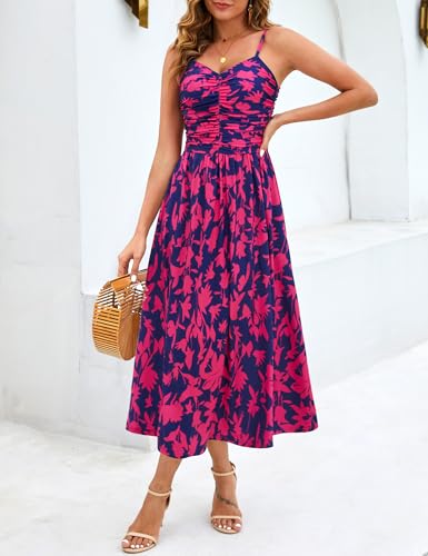 Image of Annebouti Women 2026 Summer Spring Ruched Maxi Dress Adjustable Spaghetti Strap Floral Beach Long Sundress with Pockets