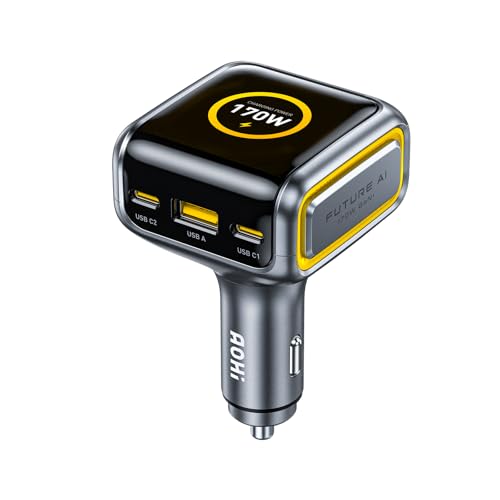 Image of AOHI SUPERAUTO 170W Car Charger with TFT Smart Display, 140W PD 3.1 USB C Fast Charging Car Adapter, Compatible with MacBook Pro, Laptops, iPhone 17 Pro Max, Galaxy S25 Ultra