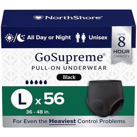 NorthShore GoSupreme Overnight Incontinence Underwear, 8-Hour Pullup Style, Large, 56 Count Case, Black, 36-48 inches, Unisex Adult Diapers Cover