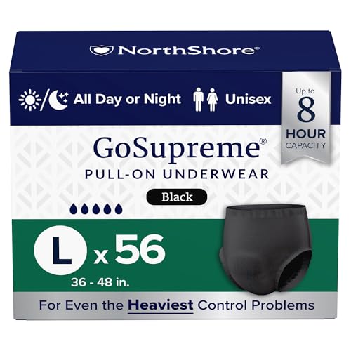 NorthShore GoSupreme Overnight Incontinence Underwear, 8-Hour Pullup Style, Large, 56 Count Case, Black, 36-48 inches, Unisex Adult Diapers