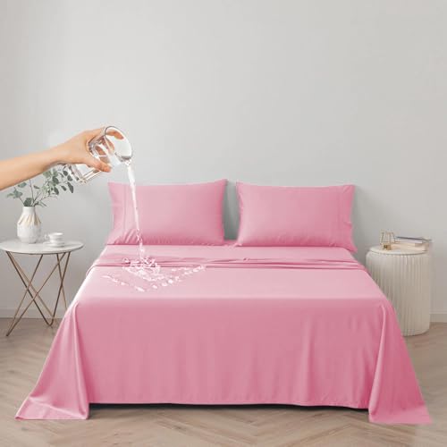 DUJUIKE Waterproof Bed Cover for Dog and Cats,Pet Hair Resistant Bed Sheet Cover, Protective Bed Liner Cover with 100% Waterproof Breathable Thin Fabric (Pink, Super King 90 * 118 inch)
