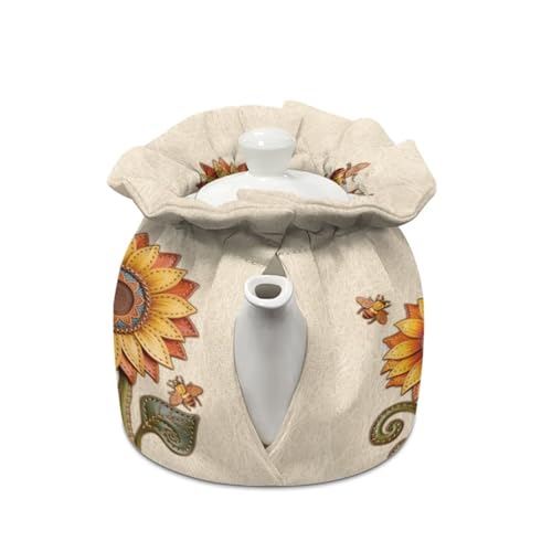 Image of Sunflower Bee Print Tea Cozy for Teapot Insulated Tea Kettle Cosy Drawstring Design Teapot Insulation Cover for Keeping Warm