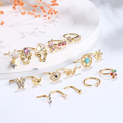 Sanfenly 16Pcs 20G Nose Rings Dangle Nose Ring L Shaped for Women Men Stainless Steel Dangling Heart Butterfly Moon CZ Nose Rings Hoops Studs Nose Piercing Jewelry Gold Rose Gold Silver Black - Thumbnail 3