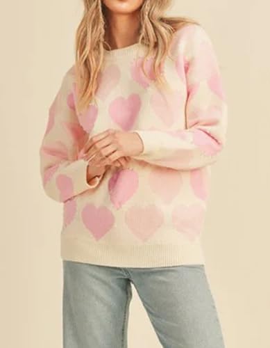 Image of Women Heart Print Knit Pullover Sweater Long Sleeve Round Neck Love Pattern Sweaters Trendy Valentine Knitted Sweater