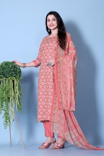 Tadkee Women's Cotton Blend Kurta Set (Fn-Kurta-Set-Dupatta-136-Red-S_Red