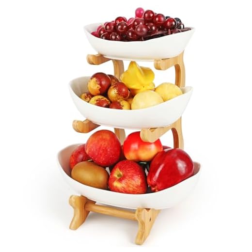 Diealles Shine Corbeille a Fruit 3 Etages en Céramique, Panier Fruit Domestique Stable et Non Tremblante, Panier de Fruits et Legumes avec support en bois résistant pour la décoration de cuisine