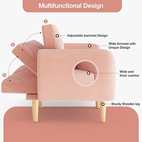 Ttgieet 77" W Futon Sofa Bed, Mid Century Modern Loveseat, Convertible Sleeper Sofa Couch With Wide Armrests, Velvet Small Couches For Living Room, Bedroom, Apartment, Home Office (Pink) #TOP4