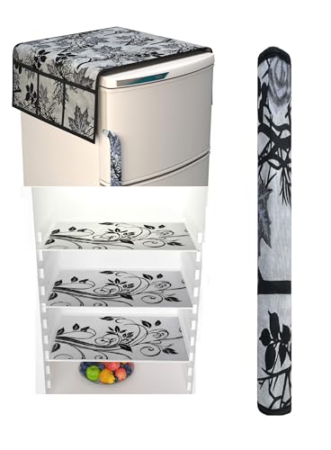 Image of Decorative Refrigerator Cover Set with Floral Pattern, Top Cover and Handle Covers, Black and Grey