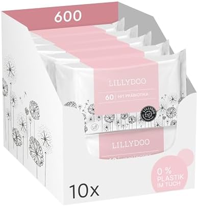 LILLYDOO Feuchttücher mit Präbiotika, 600 Stück (10 x 60) | zur Stärkung der natürlichen Hautbarriere, 100% plastikfreies Tuch - sanft & ohne Parfüme, Dermatologisch getestet