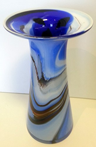 Oberstdorfer Glashütte Blauwe vaas met voet, tulpenvaas, gekleurd glazen vaas met grote opening, blauw beige wit gemarmerd decoratief kristalglas, bloemenvaas aan de voet, mondgeblazen hoogte ca. 25 cm. - Afbeelding 4