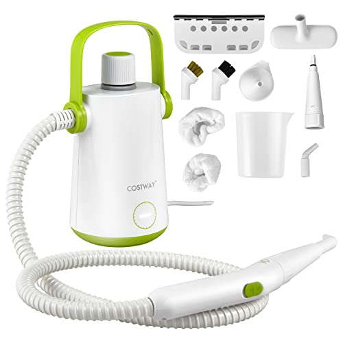 COSTWAY Handheld Multipurpose Steam Cleaner, with 300ml (10.2oz) Water Tank, Extended Hose & Extra-long Cord, Portable Heavy Duty Steamer for Garment, Windows, Tires, 10 Piece Accessory Set (Green)