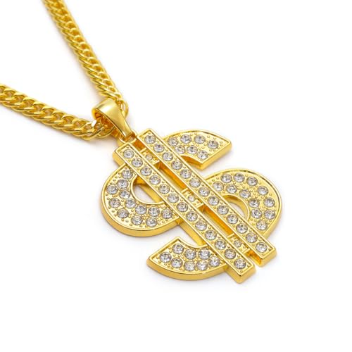 Gold Chain with Dollar Sign Big Money Necklaces for Men Women Stainless Steel Rhinestone Jewelry Fashion Pendants with 28 Inches Cuban Chain (Gold)Spinner Dollar Sign Necklaces 36 Inches4