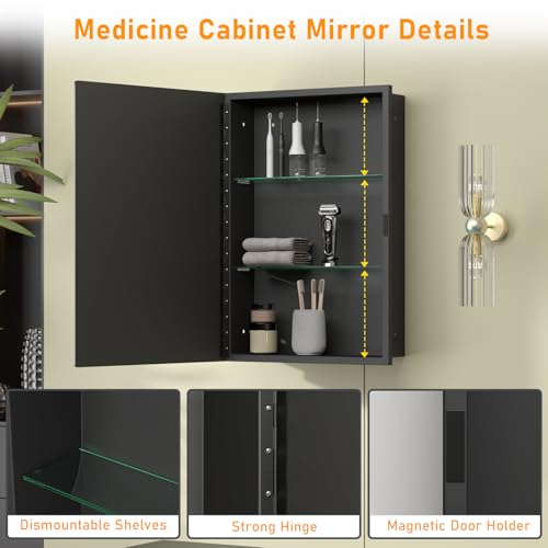 Image of Black Medicine Cabinet with Mirror, 15x20 Inch Bathroom Mirror with Storage, Waterproof Metal Recessed and Surface Mount Medicine Cabinets, Stable and Removable 2 Glass Shelves, Easy Installation