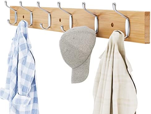 HOCSOK Coat Hooks Wall Mounted, Double Hooks with Bamboo Base, 6 Hooks Coat Wall Rack, Heavy Duty Hanger Towel in Entryway, Bathroom, 75cm, Silver