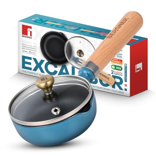 Image of BERGNER Excalibur Lightweight Cast Iron Tadka Pan with Lid 12cm, Non-Stick Vaghar Pan, PFAS Free, Perfect Heat Distribution, Elegant Design, Silicone Grips - Induction and Gas Stove Ready (Blue)