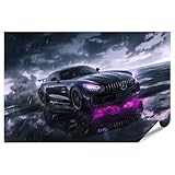 islandburner XXL Bild Poster Mercedes im Gewitter mit lila Neonlicht für Wohnzimmer Auto-Enthusiasten Autohaus Premium Bilder Fotodruck