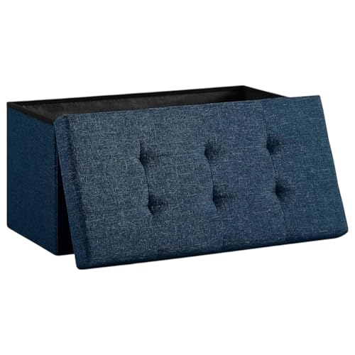 Puff Almacenaje Plegable Mikomika, Baúl de Almacenaje Multifuncional, Taburete Reposapiés, Banco de Cubo Soporta hasta 300 kg, para Sala de Estar, Dormitorio y Entrada - 76 x 38 x 38 cm (Azul)