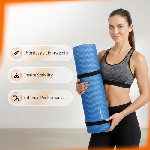Image of Amazon Basics NBR Yoga & Exercise Mat with Carrying Strap | 15 mm Extra Thick Cushioned Support | Non-Slip Textured Surface | Durable & Comfortable Foam Rubber Material | Floor Protection | Ideal for Yoga, Pilates & Home Workouts | 183 x 61 cm | Blue