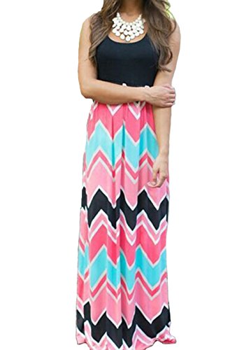 Newfits Womens Striped Zig Zag Scoop Neck Chevron Print Tank Maxi Long Dress (S, Black)