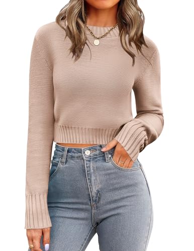Zeagoo Women's 2025 Fall Crewneck Cropped Sweater Trendy Long Sleeve Ribbed Knit Pullover Jumper Tops Khaki