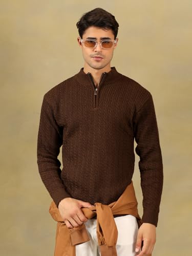 Image of Kvetoo Men's Full Sleeve High Neck Zipper Sweater| Warm Cable Knit Quarter Zip Pullover | Wool Winter Sweater for Casual & Office Wear