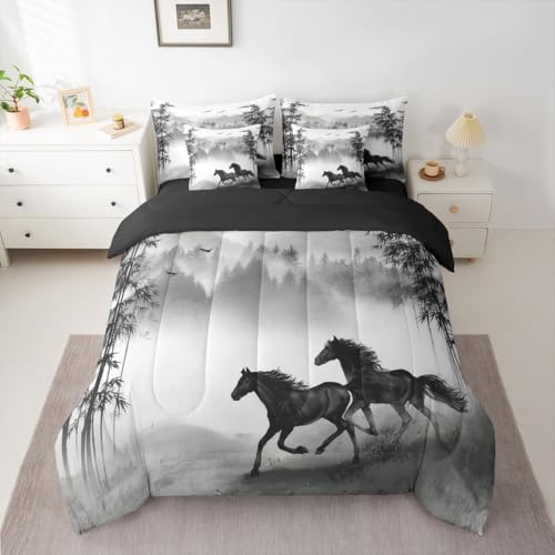 Image of Galloping Horse Full Size Bed Sheets and Comforter Set | Cowboy Farm Animal 7 Piece Bedding Set Smoky Mountain Western Bed in a Bag,Black and White Ink Painting Plant Rainforest Folk Retro Room Decor