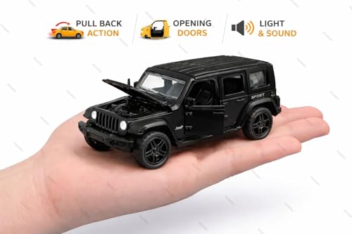 Image of 1:36 Scale Rubicon Car Model - Die-Cast Metal Pull Back SUV with Openable Doors, Lights & Music - Alloy Off-Road Toy Vehicle for Kids, Boys & Collectors (Black)