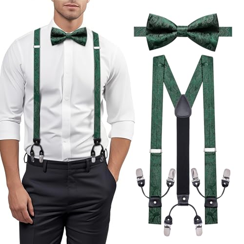 Image of YOHOWA Men Suspenders 6 Clips Strength Adjustable Y Braces Pre-Tied Bow Tie Set Formal Wedding Party