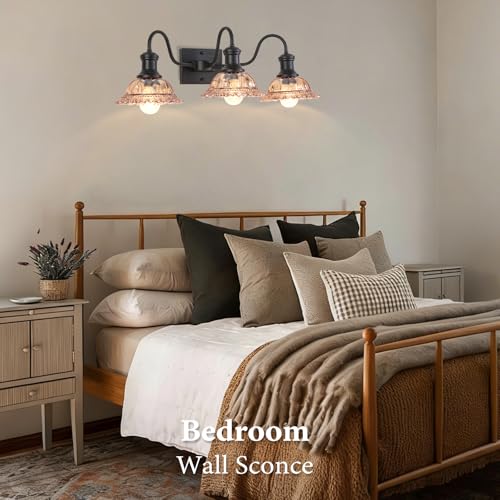 Image of Farmhouse Vanity Lights 3-Light, Black Bathroom Light Fixtures with Amber Glass Shade, Vintage Vanity Lights Over Mirror, Farmhouse Wall Sconce for Bathroom, Vanity Table, Foyer