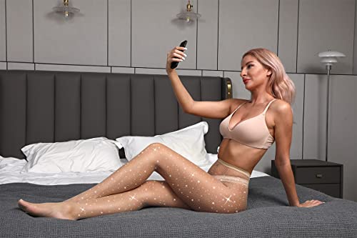 Vebzin 2 Pair Nude Sparkly Fishnets Tights Rhinestone Party Fishnet Leggings Stockings Glitter Skin Colored Tights High Waist Pantyhose For Women #TOP2