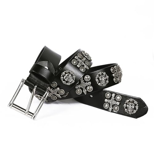 Men Women Genuine Leather Belt, Skull Cross Black Waist Strap Belt Punk Fashion Studded Leather Belt for Women Men Jeans