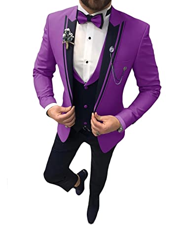 Men's 3 Piece Suit Tuxedo For Men Purple Suit For Men Wedding Suit For Men Slim Fit Suit Men's Tuxedo Suit,S #TOP12