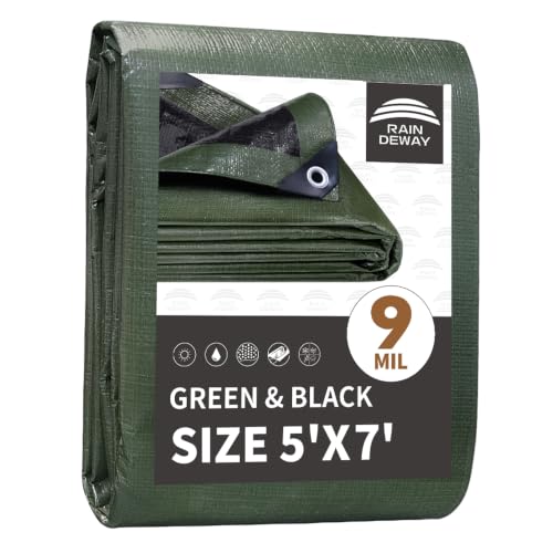 RAINDEWAY 5x7 Feet Tarp Waterproof Durable 9Mil Thick Finished Size Multipurpose Poly Tarp Cover with Metal Grommets and Reinforced Edges Green/Black Tarps