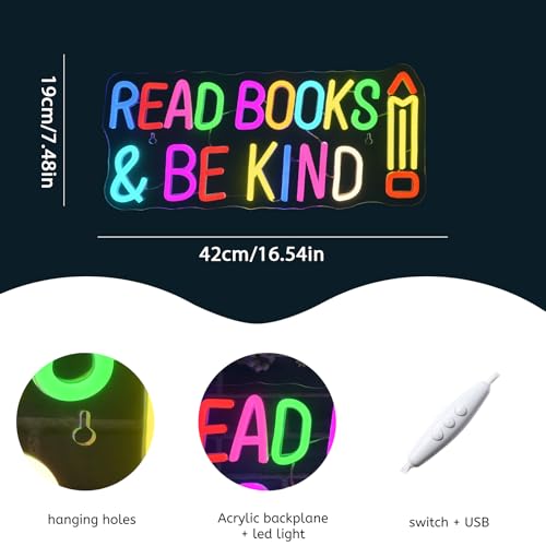 Image of WLHOPE Read Books Be Kind Neon Sign Neon Signs for Wall Decor Dimmable Read Books Neon Lights LED Sign for Book Lovers Gifts Bedroom Bookstore Reading Room Library Study Room Decoration