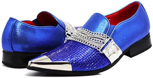 Image of Enzo Romeo Crisino Men Rhinestone Chrome Toe Suede Pointy Buckle Dress Loafer Slip On Shoes