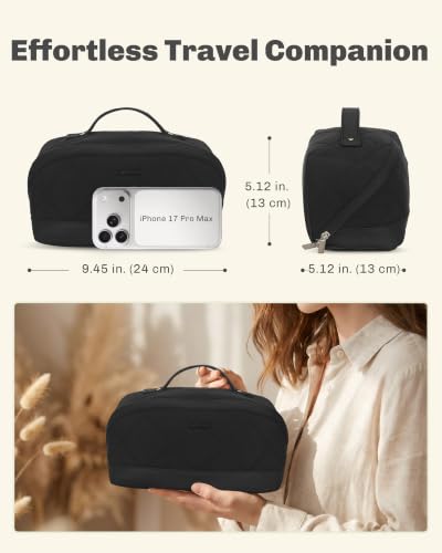 Image of Hynes Eagle Travel Makeup Bag for Women Puffy Cosmetic Organizer Pouch Open Flat Toiletry Bag for Toiletries Brushes Structured Base Jet Black