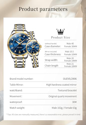 Image of OLEVS Couple Watch Set - His & Her Matching Watches with Luxury Diamond Accents - Romantic Valentine's Day Stainless Steel Original Quartz Men's and Women's Watch Lovers Set