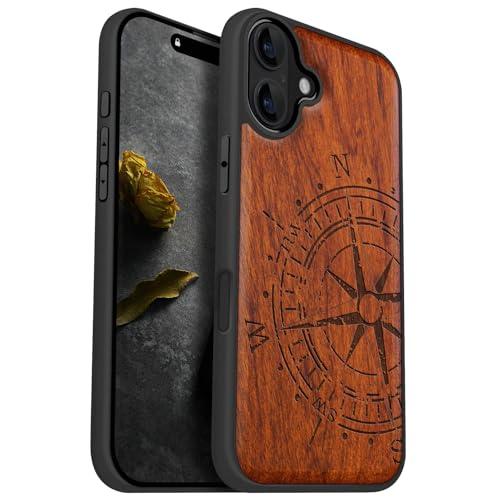 Image of Carveit Wood Case for iPhone 16 Plus, The Incomplete Compass, Rosy | Magnetic iPhone 16 Plus Case Compatible with MagSafe Wireless Chargers, Engraved Wood with Soft TPU Shockproof Bumper