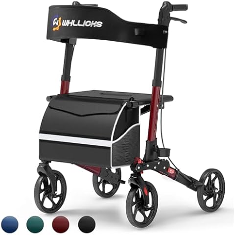 Rollator Walkers for Seniors with Seat, No Assembly Foldable 8" Non-Slip Big Wheels All Terrain Lightweight Durable Aluminum Rolling Walker with Comfortable Backrest, Cane Holder Cover