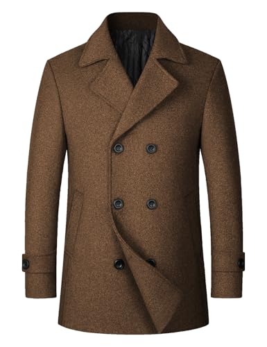 Sukany Men's Casual Wool Blend Coat Jacket Warm Classic Double Breasted Notched Collar Pea Coat Brown L