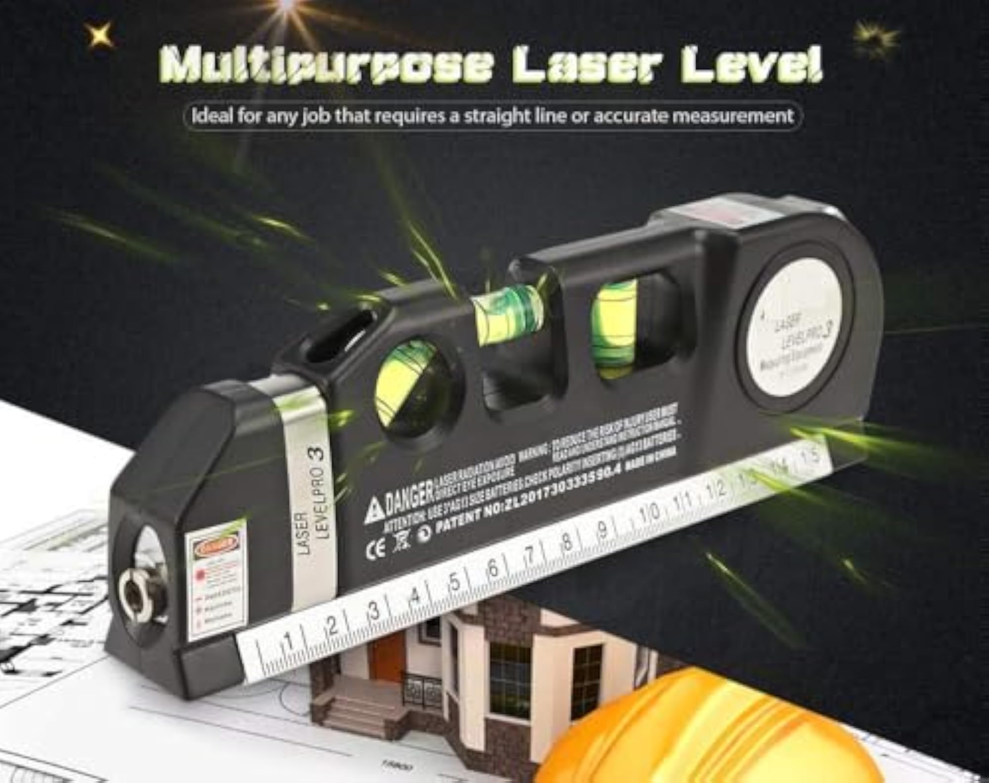 Laser Level Pro 3 with Measuring Tape 8FT Multi-Function Tool