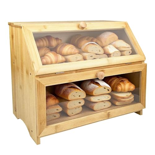Ravytha 2 Couches Boite a Pain, Huche à Pain avec Porte Magnétique, boîtes à pain pour le Rangement des Viennoiseries et Alimentaire(Jaune, 39.5cm × 25cm × 32cm)