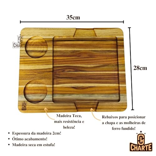 Kit Chapa De Ferro Fundido Com Suporte De Madeira E Molheiras Tábua Churrasco E Cumbuca Carne Petisc