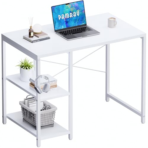 PAMRAY 80 cm Escritorio Compacto con Estantes, Mueble de Oficina en Casa con Gancho para Auriculares, Mesa para Computadora de Estudio en Espacios Reducidos, Blanco