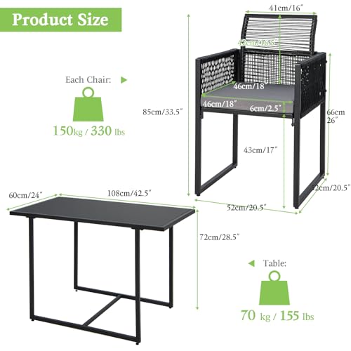 DORTALA Rattan Patio Furniture Set, 3-Piece Dining Set with Cushions, Tempered Glass Tabletop, Outdoor Wicker Small Chairs & Table Set for Backyard, Balcony, Poolside, Black - Image 3