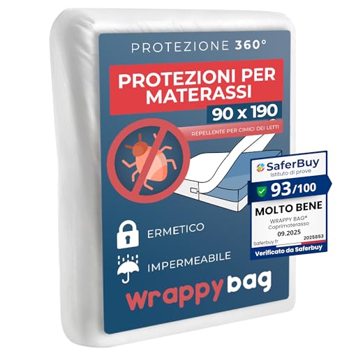WRAPPYBAG Coprimaterasso Impermeabile Antiacaro e Cimici – Fodera per Materasso Senza Trattamenti Chimici – Per materassi 90x190 – Disponibile in 15 Dimensioni e Altezze