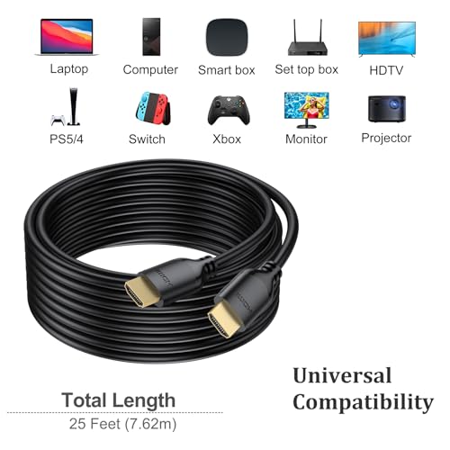 Image of Long HDMI Cable 25 FT 2-Pack, 4K HDMI Cable 25 Feet High Speed HDMI Cord 2.0 4K@60Hz, 2K 1440P@144Hz, 1080P, HDCP 2.2, HDR, 3D, ARC & Ethernet for HDTV, Laptop, Monitor, PS5, PS4, Xbox